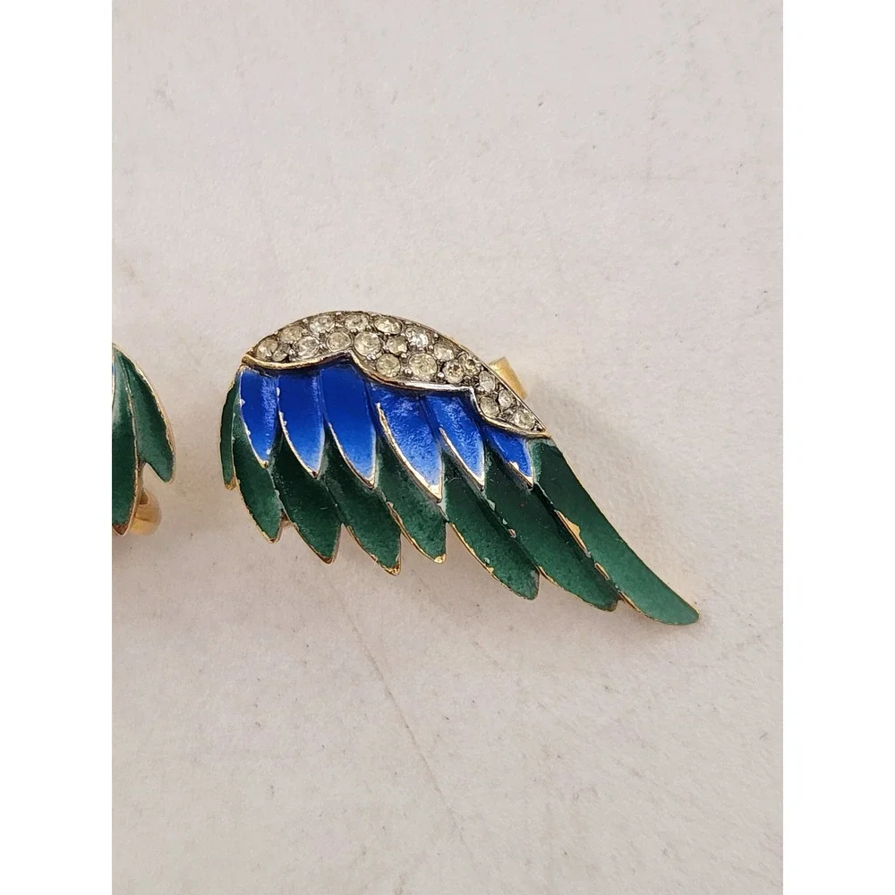 Trifari Birds‎ of Paradise Brooch & Earring Set Blue Green Enamel Rhinestone